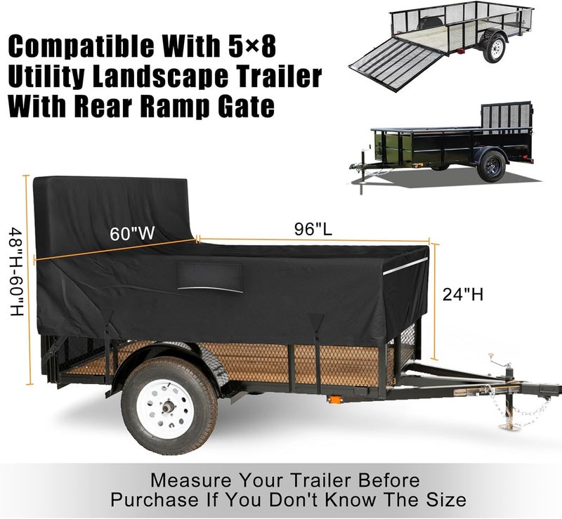 FGENKI Utility Trailer Cover, 5x8 Trailer Cover with Rear Landscape/Ramp Gate 48” to 60” high, 600D Waterproof Windproof Heavy Duty Black Dump Trailer Cover, Fits 5 x 8 FT (W x L) - Image 2